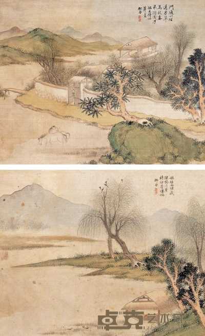 杨柳谷 山水图（二张） 镜心 34.5×43cm×2